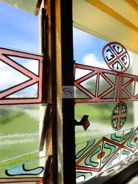 Hand painted window blinds by local Tolai people in PNG , Kokopo Stock Photos