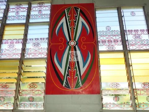 Hand painted window blinds by local Tolai people in PNG , Kokopo Stock Photos
