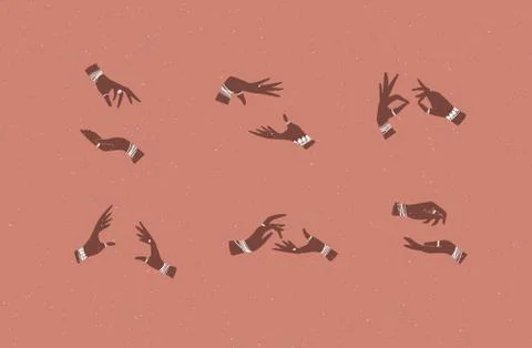 Hand pair with bracelets, rings in different positions coral Stock Illustration