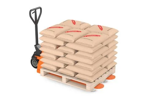 Hand Pallet Truck Jack with Stack of Paper Sacks Cement Bags. 3d Rendering Stock Illustration