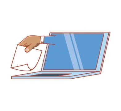 Hand with paper and laptop computer Illustrazione stock
