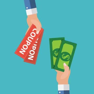 Hand with Paper Coupons Flat Design. Present, Gift, ?oupon Concept.  Illustra Stock Illustration