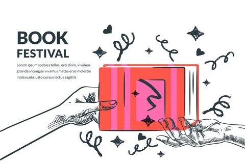 Hand passing red book to another person. Vector hand drawn sketch illustratio Stock Illustration