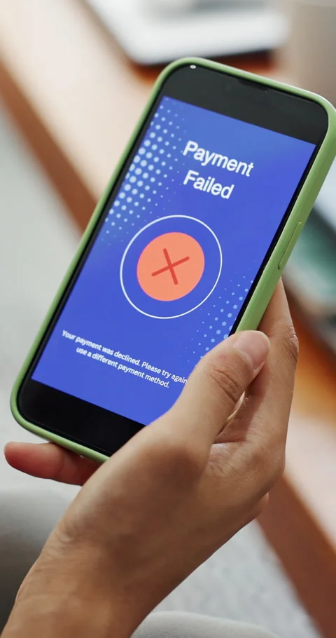 Hand, payment and fail in home with phone screen, eft transaction or challenge Stock Footage 330988631