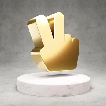Hand Peace icon. Shiny golden Hand Peace symbol on white marble podium. Stock Illustration