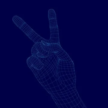 Hand with a peace sign on it is shown in a blue background. The hand is made up Ilustração Stock