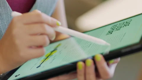 Hand, pen and data on tablet screen working at the office scrolling for business Stock Footage 218139301