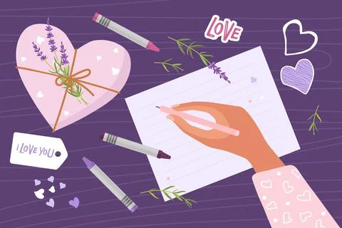 Hand with pen is going to write. Letter pattern, pens, confetti, stickers, heart Stock Illustration