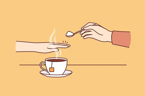 Hand of person with diabetes and refusing sugar, covering tea with palm to avoid Illustration