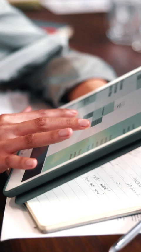 Hand, person or tablet screen with stats in office for web traffic, campaign Stock Footage 338424564