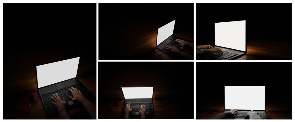 The hand of a person using a notebook or laptop, a blank screen, white, dark  Illustrazione stock
