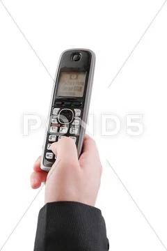 Hand with phone isolated on white Stock Photos
