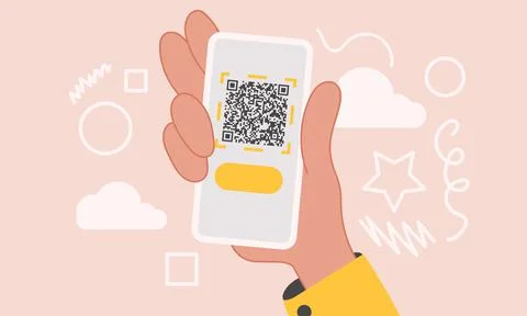 Hand with phone qr code and technology digital mobile business. Scan applicat Stock-Illustration