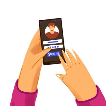 Hand with phone vector concept with user, logging in site or application. Login Stock Illustration