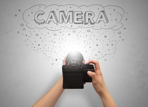 Hand photo shooting with message cloud concept Stock Photos