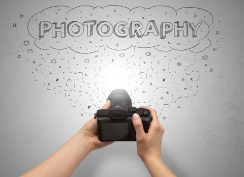 Hand photo shooting with message cloud concept Stock Photos