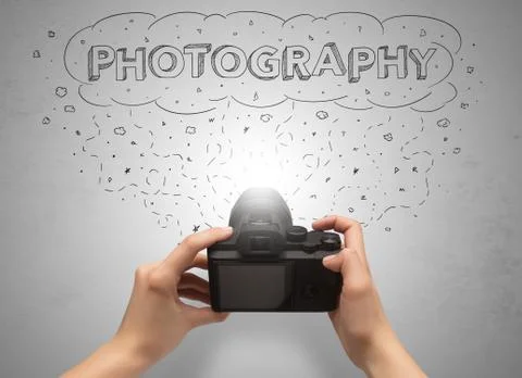 Hand photo shooting with message cloud concept Stock Photos