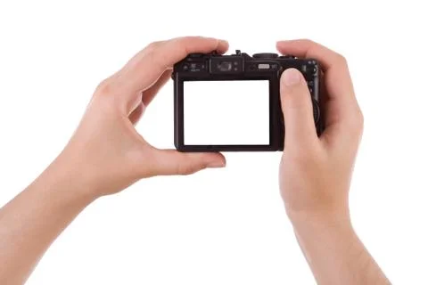 Hand photographing with a digital camera isolated on white Stock Photos