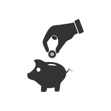 Hand pick down coin into pig money box icon flat Stock Illustration