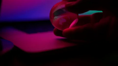 Hand pick up globe on laptop computer neon light abstract concept taget digit Video stock 198659752
