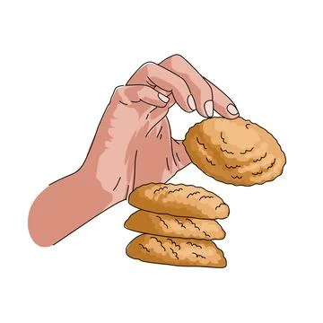 A hand pick up a stack of butter cookies. Make a food pastry. Coloring food page Stock Illustration