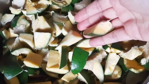 Hand Picking and Returning Raw Mango Pieces in Bowl for Pickle Preparation Stock Footage 337118180
