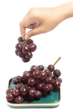 Hand picking up a bunch fresh organic red grapes delicious fruit in a green.. Stock Photos
