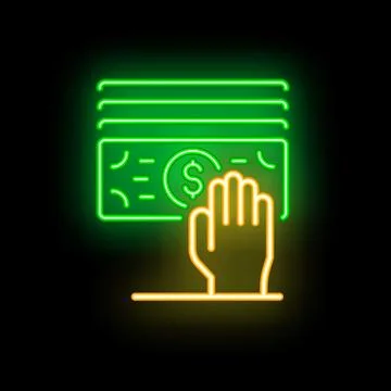 Hand picking up dollar banknotes neon sign on black background Stock Illustration