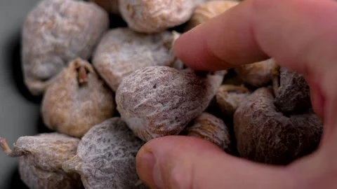 Hand picking a dried fig dusted with powdered sugar Stock Footage 323298833