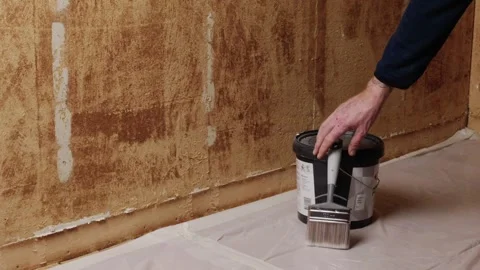 Hand picking up paint brush from paint bucket Stock Footage 327143660