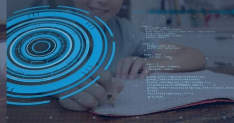 Hand picking up pencil, student writing in notebook for study, blue HUD and code Video stock 331757182
