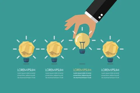 Hand picking up the perfect idea among the crumpled paper ideas infographic Stock Illustration