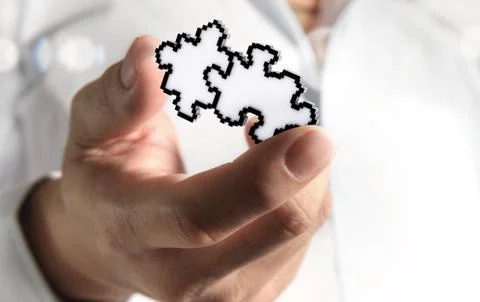 Hand picking up pixel puzzles icon Stock Illustration