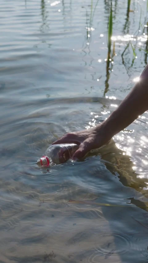 Hand Picking Up Plastic Bottle from Lake Water During Beach Cleanup Stock Footage 343574193