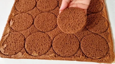 Hand picking a round piece of cocoa sponge cake from a flat chocolate cake sheet Stock Footage 326633526