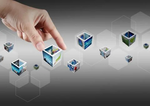 Hand picking virtual button and 3d images Illustrazione stock