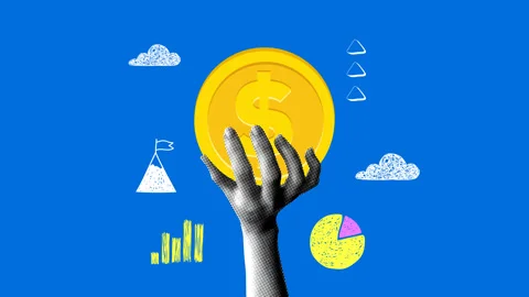 Hand picks up a dollar cent. Concept of financial success. Business charts Stock Footage 331216572