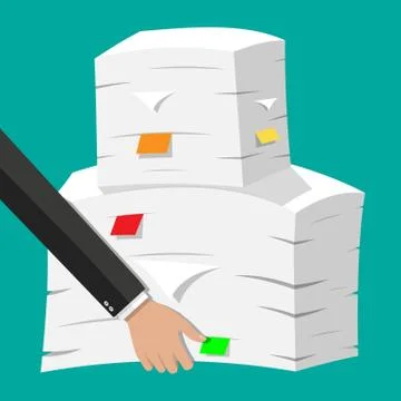 Hand with pile of papers. Office documents heap. Stock Illustration