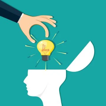 The hand placed a light bulb on the human head. Generating new ideas 스톡 일러스트