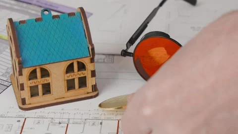 A hand places a bitcoin coin on a table with a real estate plan for purchase Stock Footage 305635551