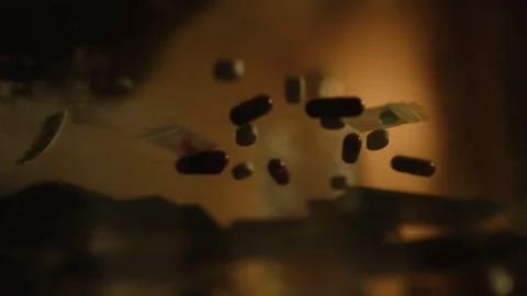 A hand places pills on a table in dim light, evoking themes of addiction and Stock Footage 296574290