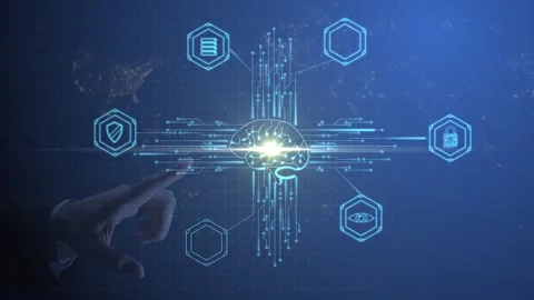 The hand places a point of light on the world map, from which an artificial Stock Footage 261442147