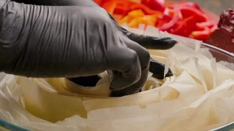 Hand places rolled phyllo dough sheet into a round glass dish Stock-Footage 335449527