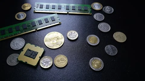 Hand placing bitcoin coins onto computer hardware representing fintech Stock Footage 331121760