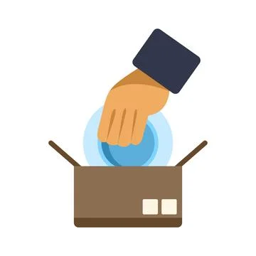 Hand placing blue object inside open cardboard box Stock Illustration