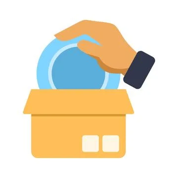 Hand placing blue object into open cardboard box Stock Illustration