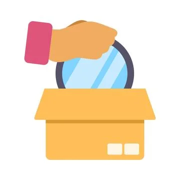 Hand placing circular mirror inside open cardboard box Stock Illustration