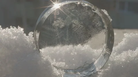 Hand Placing Circular Soap Filament Freezing into Ice on Snow Stock Footage 331170385
