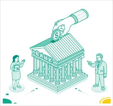 Hand placing a dollar coin into a classical bank building. A man and woman .. Ilustración de archivo