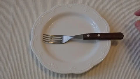 Hand Placing Fork on Empty Plate, Minimal Food Concept Stock Footage 336898050